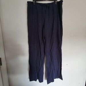 Valerie Stevens Navy Blue Drawstring Pull On Wide Long Linen Pants Size Large